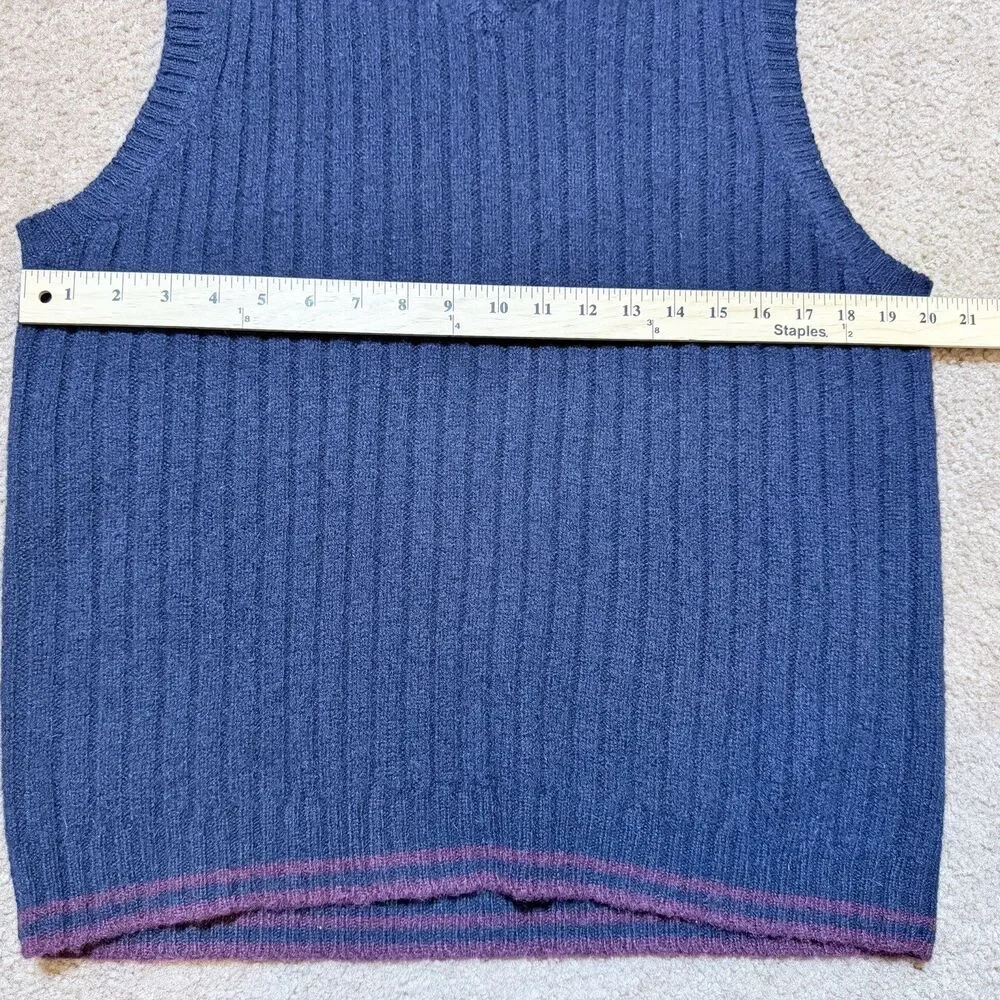 J.Crew 100 Wool Ribbed V-Neck Sweater Vest L Large Navy Burgundy Stripe Trim Y2K